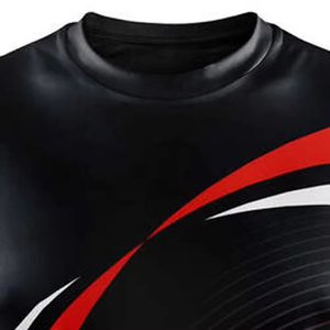 T-shirt sportif à manches courtes pour homme, motif géométrique noir et rouge, coupe ajustée, col rond, en polyester tricoté, séchage rapide - Product Image 4