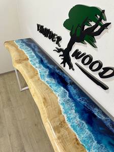 Table console en bois massif avec bord naturel, résine époxy effet vague océanique, faite à la main, mobilier d'entrée côtier, écologique, durable, moderne, de luxe, style rivière - Product Image 6
