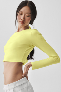 Women's <b>Yellow</b> Long Sleeve Crop <b>Top</b> O-Neck Knitted Stretch Solid Color Bow Style Breathable Sportswear - Product Image 2