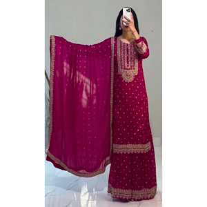 Salwar Kameez de poliéster rosa oscuro de la marca Designer Zeel Fashion, ideal para fiestas, con top elegante, dupatta y sharara completamente cosida. - Product Image 4