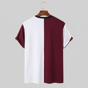 เสื้อยืดทูโทนสีขาวและสีแดงไวน์ ผู้ชาย ผ้าฝ้าย แต่งผ้าตัดต่อ สไตล์ลำลอง แฟชั่น มินิมอล สตรีทสไตล์ รับทำโลโก้แบบกำหนดเอง OEM ODM - Product Image 2