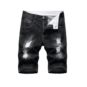 <b>Mens</b> Washed Black Denim Shorts Distressed Ripped Frayed Holes Slim Straight Fit Five Pocket Style Vintage Gradient Summer Jorts - Product Image 1