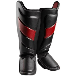 Protège-tibias en similicuir noir et rouge avec fermeture auto-agrippante pour arts martiaux, unisexe, adultes, cuir de qualité supérieure - Product Image 1