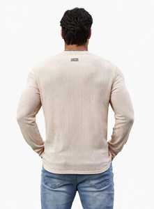 Oneten Apparel <b>Men's</b> Beige Long Sleeve V-neck <b>Henley</b> <b>Shirt</b> Breathable Casual Polyester Spandex Waffle Knit Front Logo Top - Product Image 2