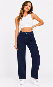 Vaqueros de mujer de cintura alta y pierna ancha en denim de algodón azul oscuro, corte holgado, largo completo, estilo casual para - Product Image 3