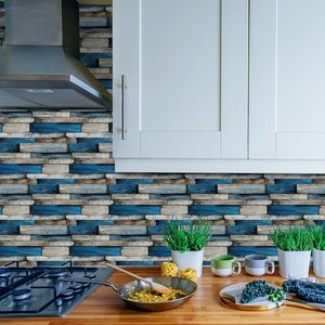 12 fogli carta da parati con venature di legno blu autoadesiva PVC Stick piastrelle Decorative per pareti bagno cucina facile mantenere olio - Product Image 2