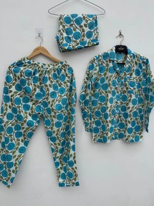 Floral Block Print Cotton <b>Pajama</b> Set Spring Summer Lounge Night <b>Suit</b> for Women's Elastic Waist Nightwear Bridesmaid Gift - Product Image 4