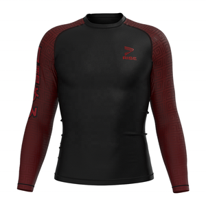 เสื้อรัดกล้ามเนื้อแขนยาวสำหรับผู้ชาย สีดำ-แดงเลือดหมู พิมพ์ลายกราฟิกหน้ากาก Rise Oni เหมาะสำหรับการฝึกซ้อมกีฬาและออกกำลังกายในยิม - Product Image 1