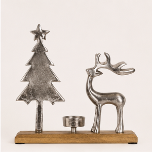 Silver Metal Christmas Reindeer And Pine <b>Tree</b> Tealight Candle Holder With Natural Wooden Base Modern <b>Tabletop</b> Holiday Decoration - Product Image 5