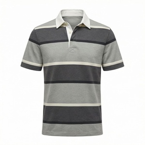 Polo à manches courtes rayé pour homme, tricoté, coupe classique, gris et noir, motif imprimé - Product Image 1
