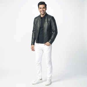Veste Homme XL en Cuir Véritable de Vache Noir Uni, Style Vintage, Col Montant, Respirante, Fils Fins, Collection Automne 2026 - Product Image 1