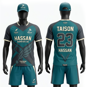 Uniforme de bádminton para hombre, tela premium de poliéster entrelazado, diseño geométrico azul neón y verde, sublimación, conjunto con logotipo personalizado. - Product Image 2