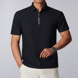 Men's <b>Black</b> <b>Short</b> Sleeve Knitted Polo Shirt Solid Color Zipper Design <b>Smart</b> Casual Regular Fit - Product Image 1