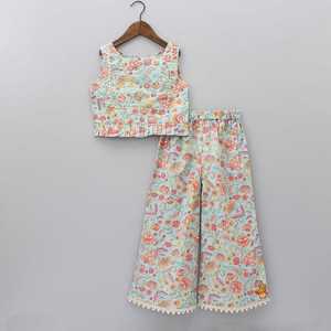Ensemble robe et pyjama pour filles, 2 pièces, 100% coton, fait main, élégant, avec broderie florale et léopard, taille élastique, ourlet à volants - Product Image 1