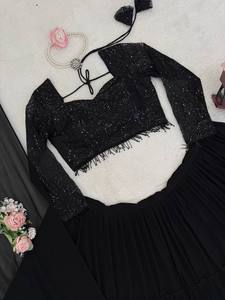 Ensemble Choli Lehenga Dupatta en Faux Georgette Noir de Créateur pour Femme - Idéal pour Fêtes, Mariages, Hiver et Été, Protection Solaire Réversible - Product Image 4