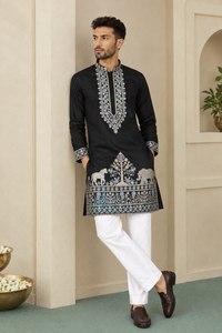 Kurta de seda negra para hombre con motivos bordados de árboles y animales, conjunto Churidar blanco para boda, tradicional indio pakistaní - Product Image 2