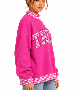 Sudadera Oversize de Cuello Alto para Mujer con Parches de Cuadros a la Inglesa, Estilo Casual Urbano y Universitario, de Tejido Grueso - Product Image 3