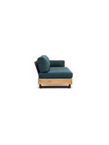 Canapé d'extérieur moderne en bois avec coussins en tissu gris, deux places, accoudoirs droits, design convertible pour mobilier de salon - Product Image 3