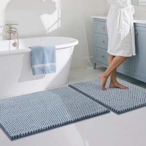 Blue Cotton Bath <b>Mat</b> <b>Set</b> 2 Piece Rectangle Non Slip Tufted Thick Modern <b>Bathroom</b> Rug - Product Image 4