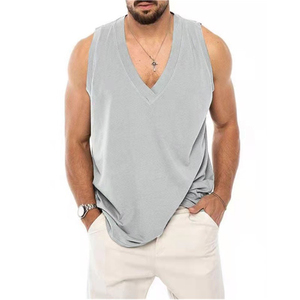 Camiseta sin mangas de punto con cuello redondo y estampado tie-dye gris claro para hombre, 100% poliéster, ropa informal - Product Image 1