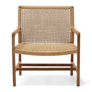 Fauteuil de salon moderne en teck, dossier en rotin tressé à la main, structure en bois massif, design scandinave, fauteuil de détente - Product Image 1