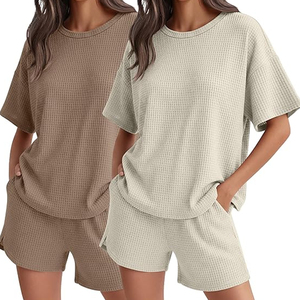 Women Soft Texture Waffle <b>Knit</b> Shorts <b>Set</b> Loose Fit Casual Home Wear Outfit Wholesale - Product Image 4