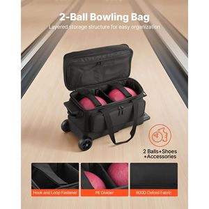 2 Ball Double Roller <b>Bowling</b> Ball Bag with Wheels Featuring a Separate Compartment for Shoes (Up US Size 16) - Product Image 2