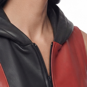 Fashion Women's Hooded Leather Vest Women's Leather Sleeveless Hoodie with <b>Zipper</b> Female Side Pockets Leather Hood Vest - Product Image 5
