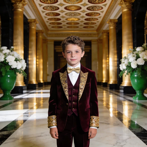 Costume de fête en velours bordeaux pour garçons avec broderie dorée Ensemble de vêtements de mariage et de cérémonie pour enfants - Product Image 1