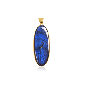Pendentif en laiton plaqué or avec labradorite naturelle sertie clos et cabochon ovale long - Product Image 1