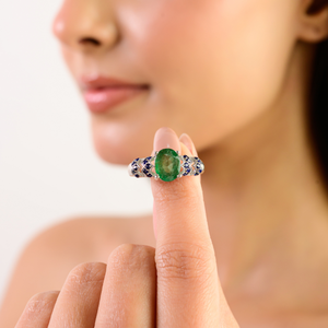 Anillo de Plata de Ley 925 Hecho a Mano con Estilo Art Deco, con Esmeralda Natural y Zafiro Azul, Joyería Fina - Product Image 4
