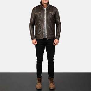 Chaqueta de Motociclista de Cuero Genuino Marrón Oscuro para Hombre, Cuello Alto, Cierre de Cremallera, Corte Ajustado, para Otoño - Product Image 4