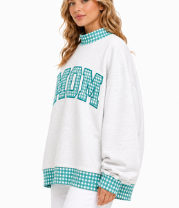 Sudadera informal oversize de cuello simulado para mujer, gris oscuro con estampado de guinga, manga larga, ajuste holgado, forro polar - Product Image 3