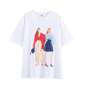 T-shirt graphique d'illustration de mode féminine 2026 blanc coupe oversize imprimé croquis artistique décontracté streetwear haut d'été HD - Product Image 1