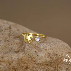 Bague en argent sterling avec chat jouant avec une balle et pierres de lune créées en laboratoire, taille ajustable, bague ouverte, bagues empilables - Product Image 4