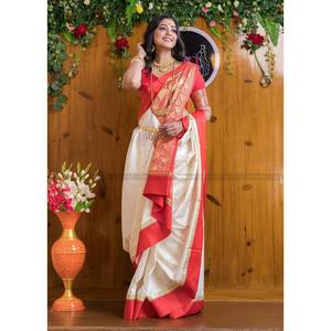 Traditional Banarasi Soft Silk Zari Lace Work <b>Saree</b> with Unstitched Blouse White - Product Image 1