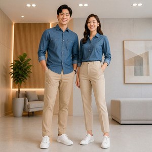 ชุดยูนิฟอร์มผ้าฝ้ายระบายอากาศสำหรับผู้ใหญ่ เสื้อเชิ้ตเดนิมสีน้ำเงินแบบยูนิเซ็กซ์ พร้อมกางเกงสีเบจ - Product Image 3