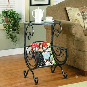 Custom Wrought Iron Magazine Rack Side <b>Table</b> with Glass <b>Top</b> Metal Book <b>Stand</b> <b>Display</b> Shelves - Product Image 2