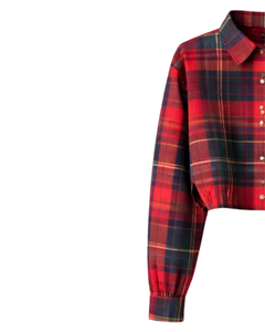 Camisa Corta a Cuadros Tartán Rojo Personalizada para Mujer, Cuello Camisero, Manga Larga, Botones, Blusa Casual, Estilo de Fabricante OEM - Product Image 3