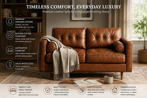 Canapé 2 places en cuir de style moderne du milieu du siècle, avec dossier capitonné et coussin d'appoint, pour salon et mobilier de maison - Product Image 3