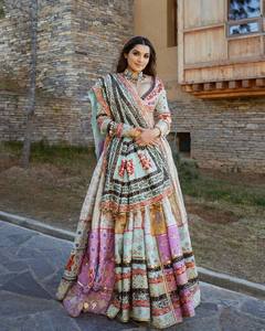 Women Cotton Lehenga Choli with Dupatta <b>Mirror</b> Work Digital Print Quick Dry Ethnic Dress for Wedding Party - Product Image 2