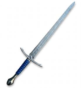 Handcrafted Damascus Steel Display Piece Engraved Crossguard Blue <b>Leather</b> Wrapped Handle - Product Image 5