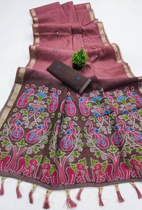 Sari en coton avec tissage Zari Meenakari motif paon, tenue de mariage traditionnelle pour femmes, style indien pakistanais - Product Image 2