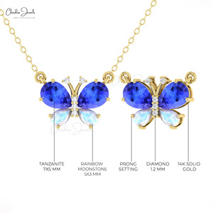 Handcrafted 14k <b>Solid</b> <b>Gold</b> Genuine 1.7 CTW Tanzanite & Moonstone Insect Necklace with Pave Diamond Butterfly Necklace Jewelry - Product Image 6