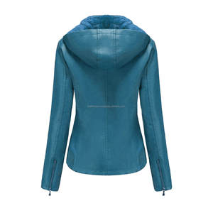 Vestes pour femmes en cuir bleu à capuche avec doublure Sherpa confortable poches zippées pour le confort et le style en hiver - Product Image 2