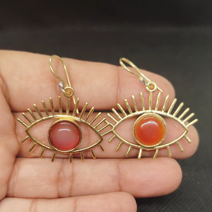 Antique Designer Brass Trending Boho Dangling Earrings Natural Cabochon Carnelian Stone Statement Earrings Jewelry - Product Image 1