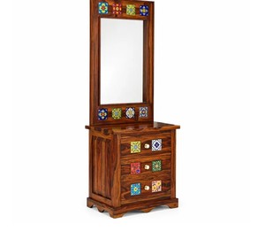 Solid Wood Dressing Table with Tall Mirror | Ceramic Tile Inlay Makeup <b>Vanity</b> | Wholesale <b>Bedroom</b> Furniture - Product Image 2