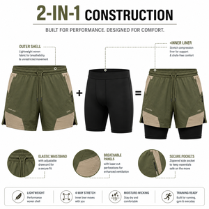Men's Color Blocked Quick Dry Sport Shorts With Pockets Drawstring Waist <b>Mid</b> Length Olive Green Beige Two <b>Layer</b> Design - Product Image 2