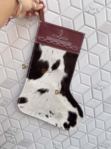 New Arrival Cowhide Leather Christmas Stocking Boot Stich Family Christmas Tree Fireplace Hanging <b>Party</b> <b>Decoration</b> Gift Bag - Product Image 1