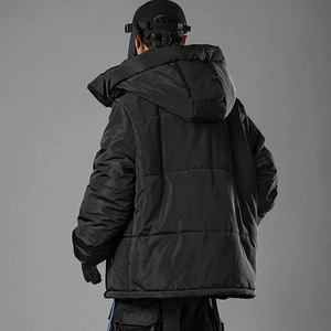 Blouson Bomber Unisexe Noir à Capuche Imperméable Vintage Color Block avec Fermeture Éclair, Manteau d'Hiver Décontracté, Rembourrage Polyester, Coupe Ample - Product Image 5